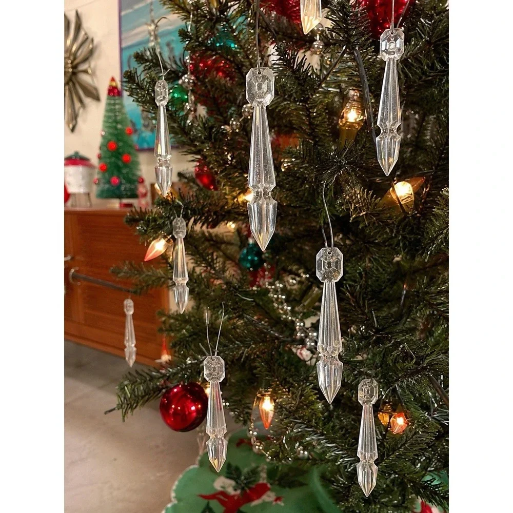 67 Vtg Hong Kong Clear Plastic‎ Icicle Prism Christmas Ornaments 3.5